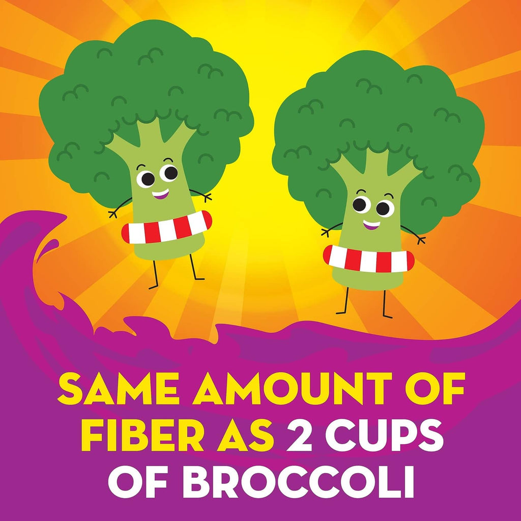 Metamucil Kids fiber gummies graphic showing same fiber amount as two cups of broccoli.