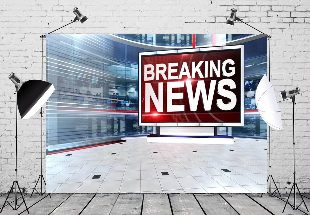 Fabric backdrop with BREAKING NEWS screen and stage lights