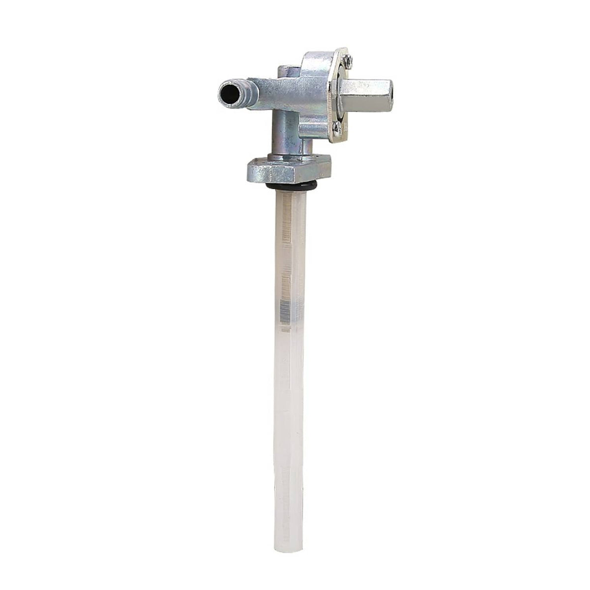 Metal fuel petcock valve with side outlet and long clear fuel line