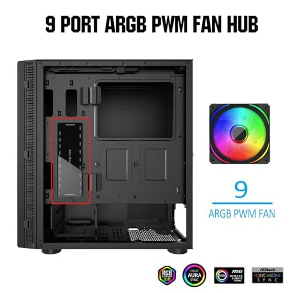 ARGB PWM fan hub installed inside a PC case with a 9-port controller