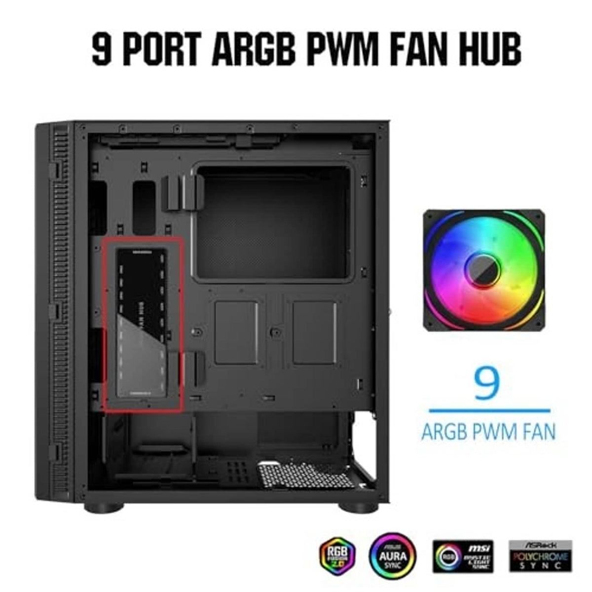 ARGB PWM fan hub installed inside a PC case with a 9-port controller
