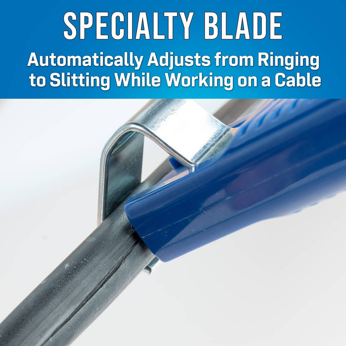 Blue-and-silver specialty cutting blade on a round cable stripping tool