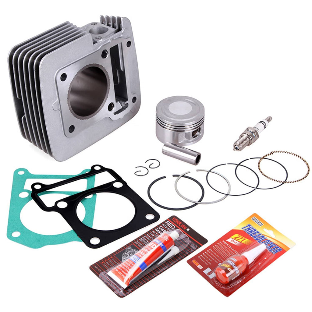 Silver cylinder and piston kit with gaskets, piston rings, and spark plug parts