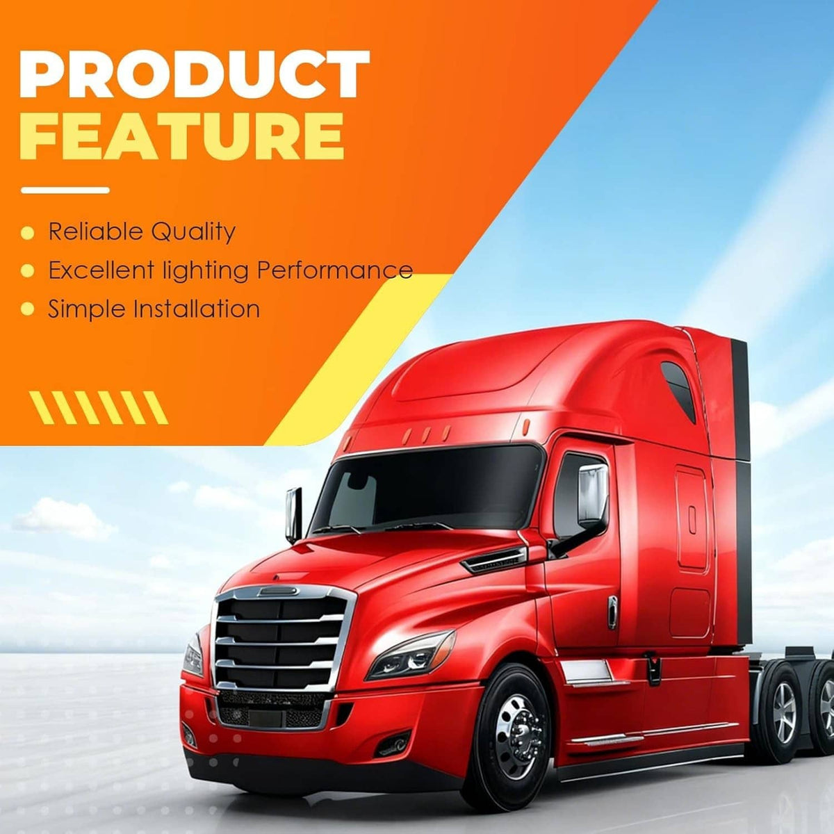 Red semi truck with LED headlights and grille, front three-quarter view