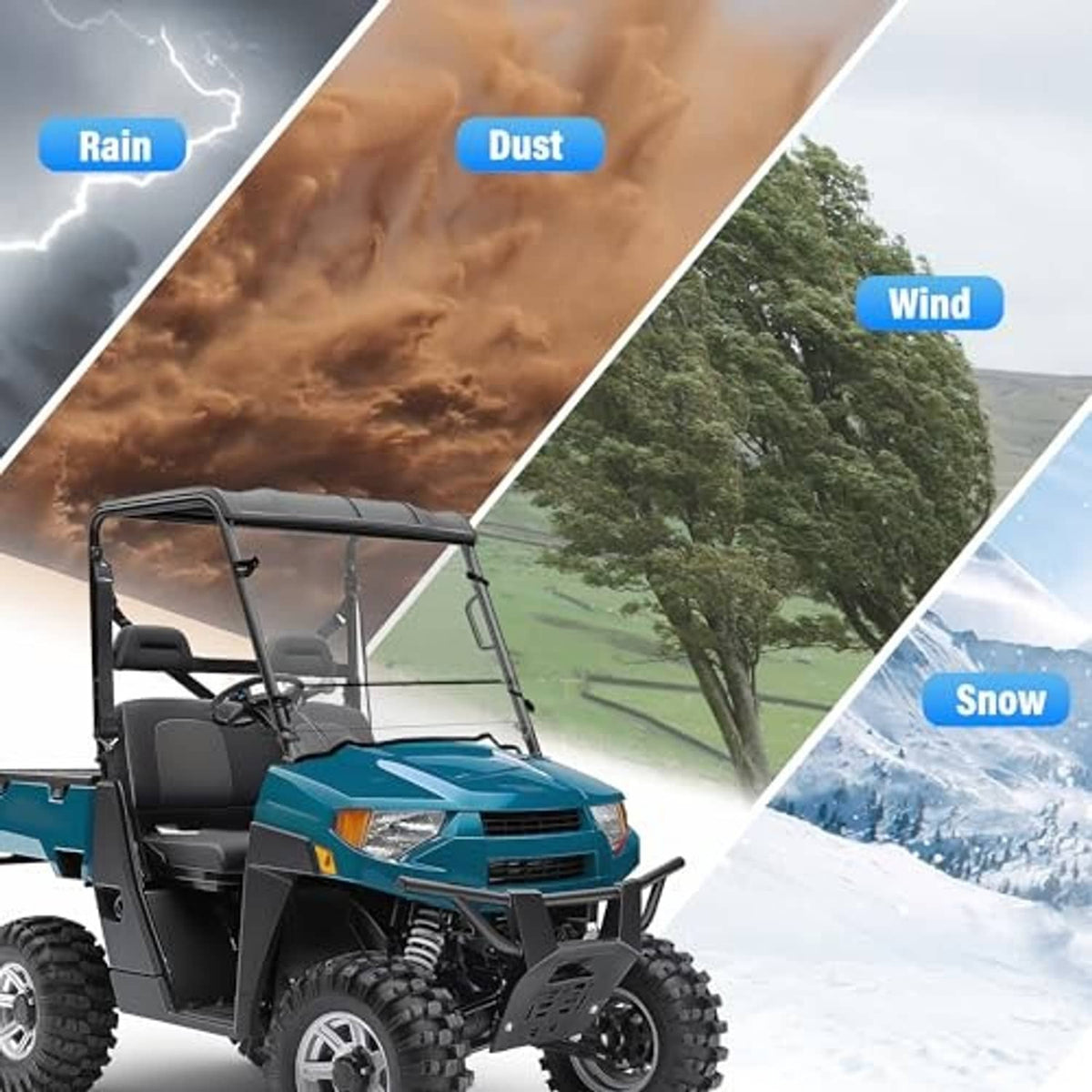 Clear front windshield for off-road UTV, shown as weather protection