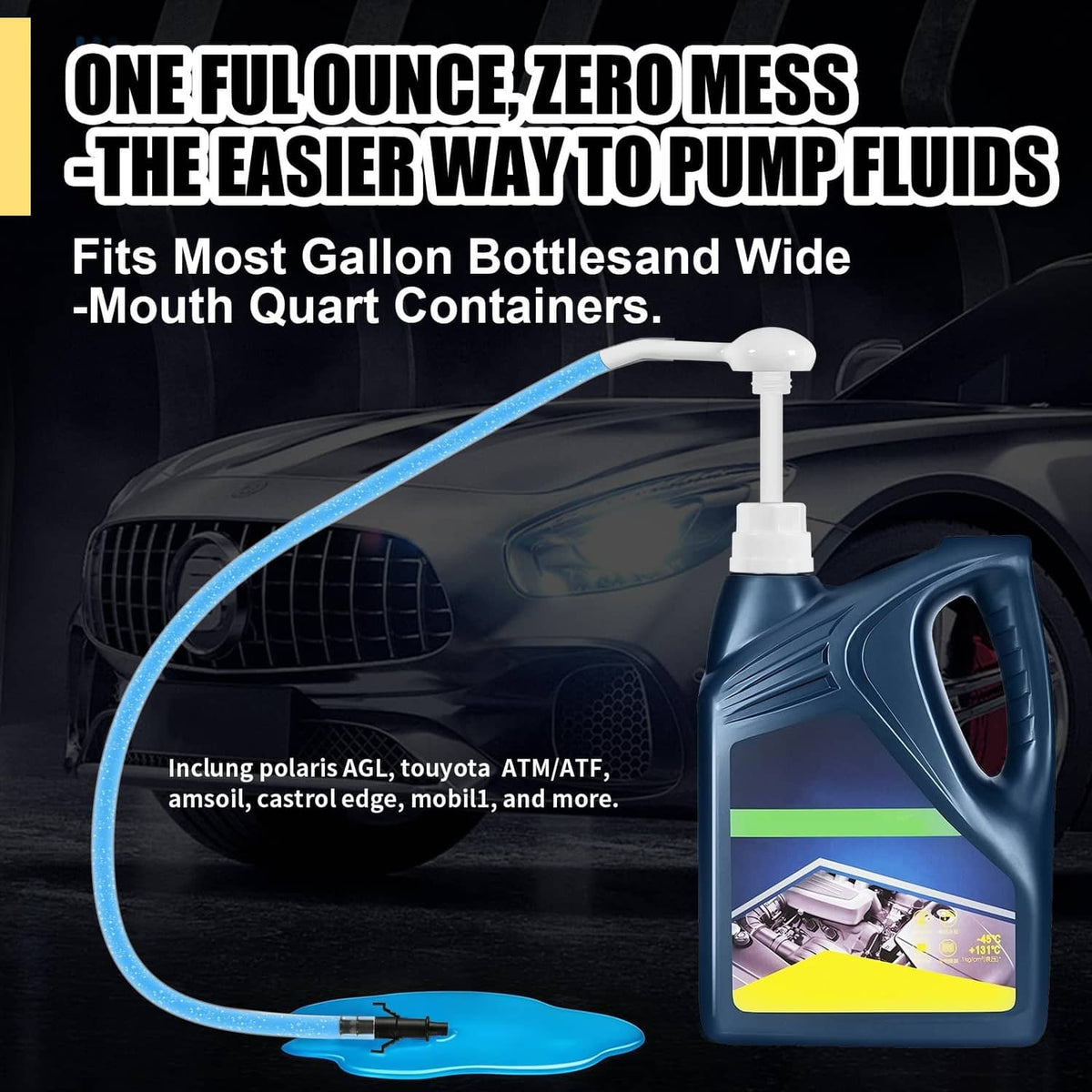 White fluid pump with long clear hose and dispensing spout