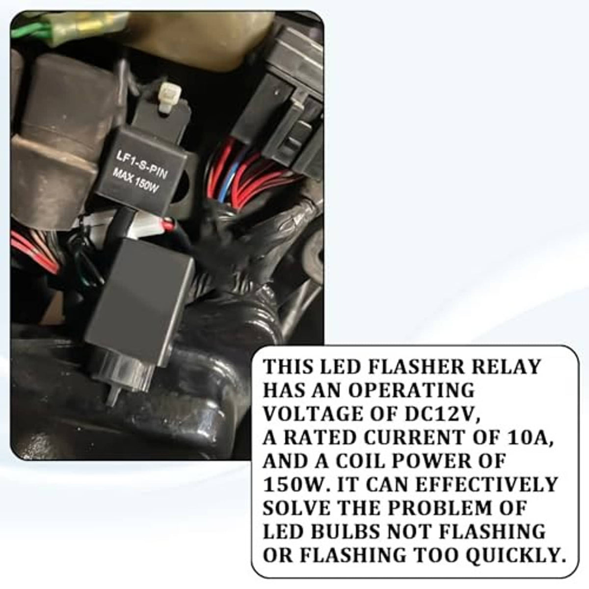 LED flasher relay installed inside vehicle wiring area, black housing with red/black leads