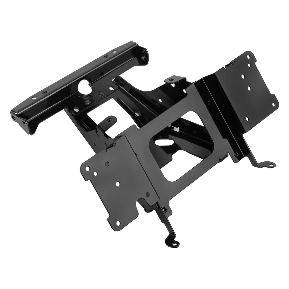 Black metal radio mount bracket assembly with cutout panels and holes