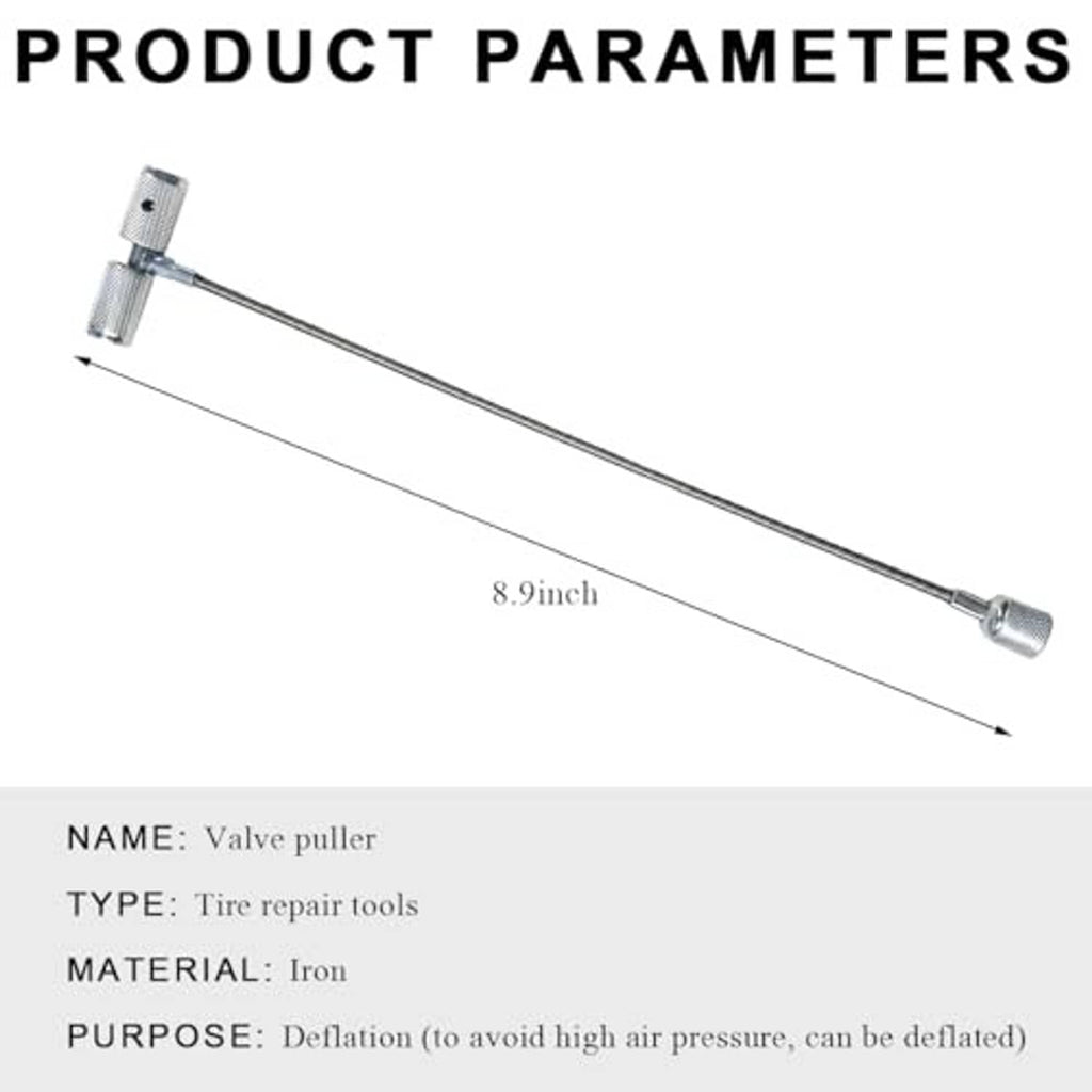 Valve puller tool with long metal rod and two knurled end caps