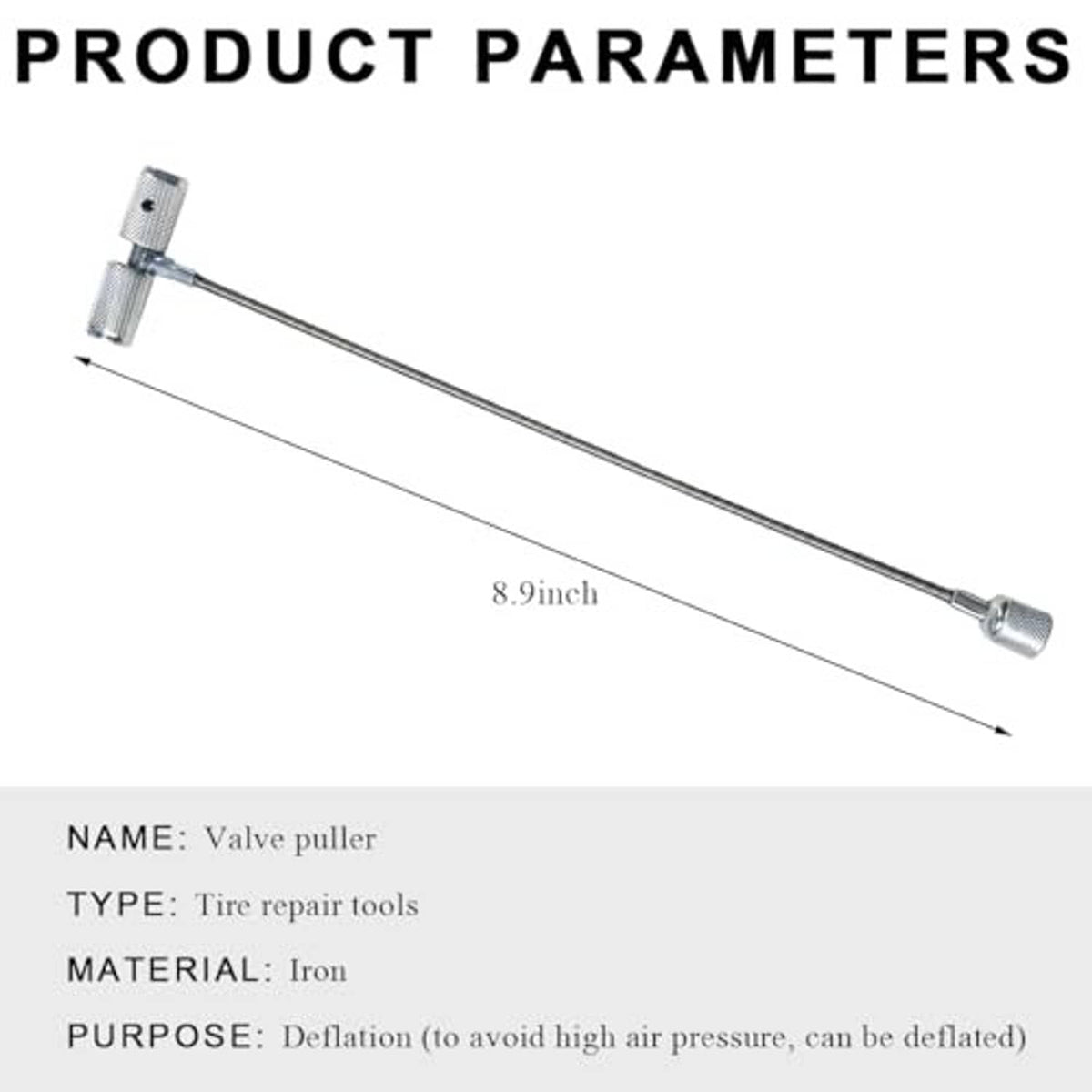Valve puller tool with long metal rod and two knurled end caps
