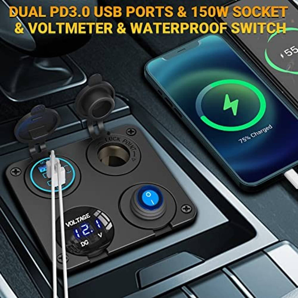 Car USB charger panel with voltmeter window, blue power switch, and phone charging