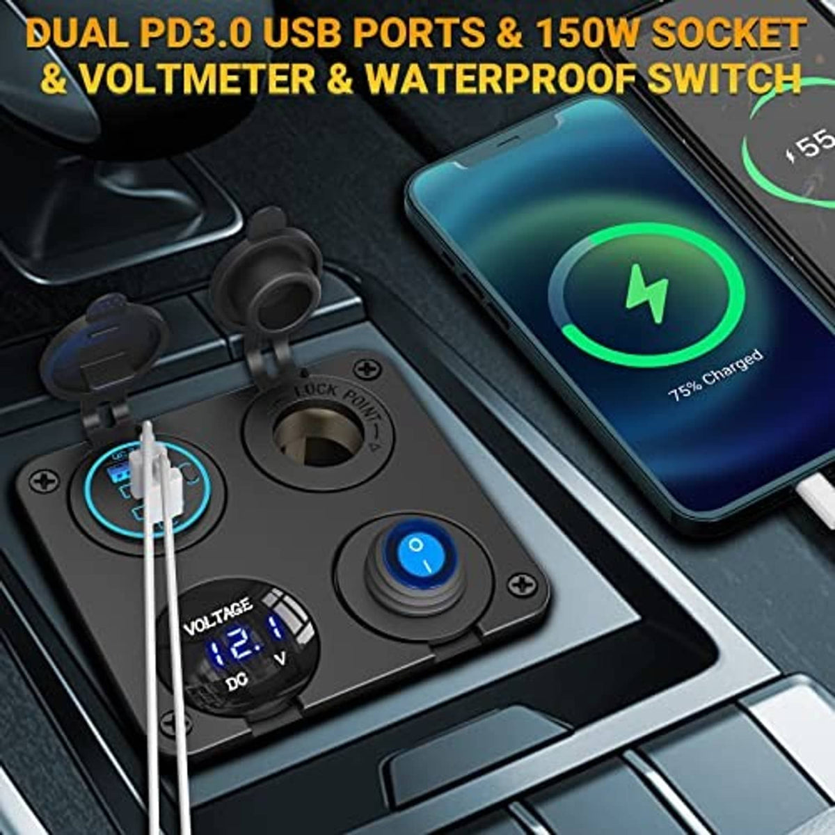 Car USB charger panel with voltmeter window, blue power switch, and phone charging
