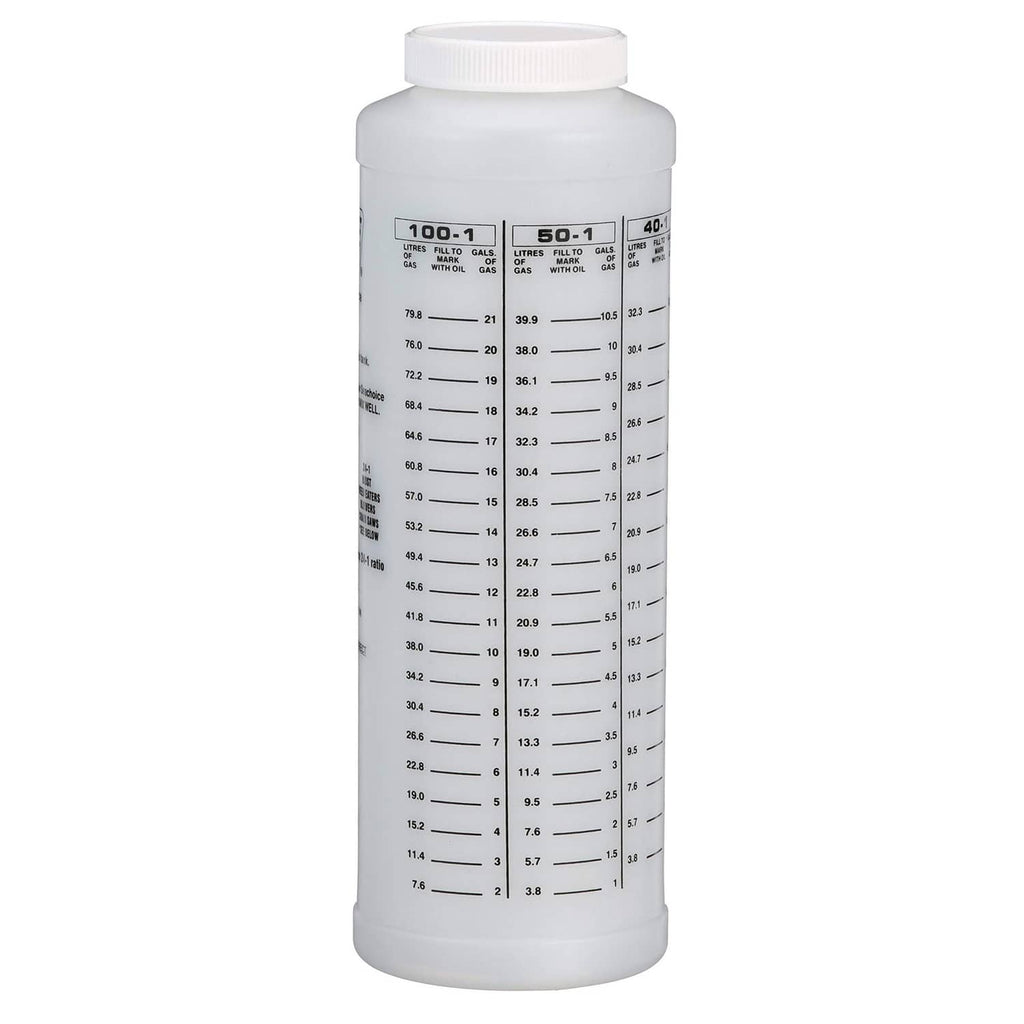Wide-mouth oil-to-gas measuring bottle, 32 oz, back label with ratio chart