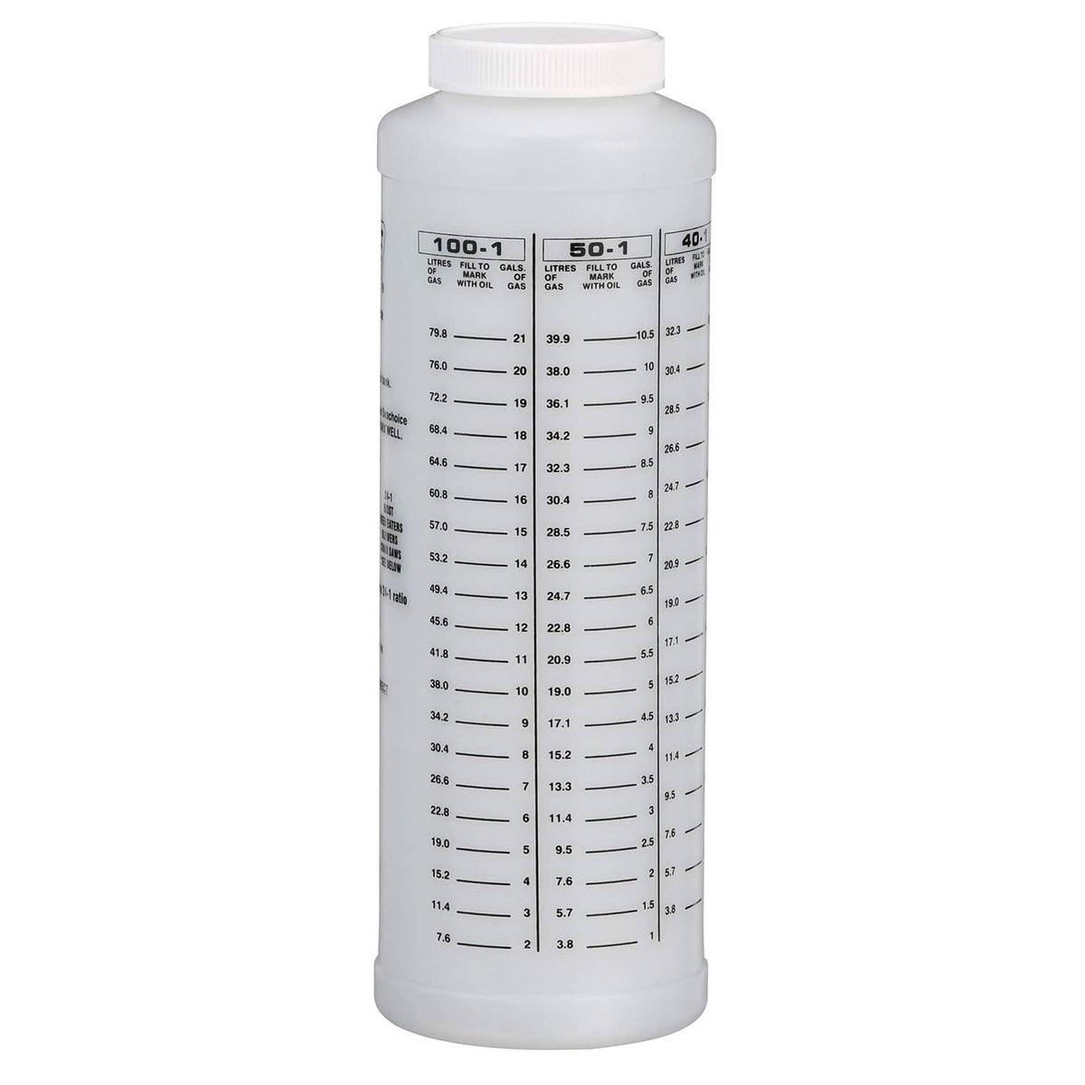 Wide-mouth oil-to-gas measuring bottle, 32 oz, back label with ratio chart