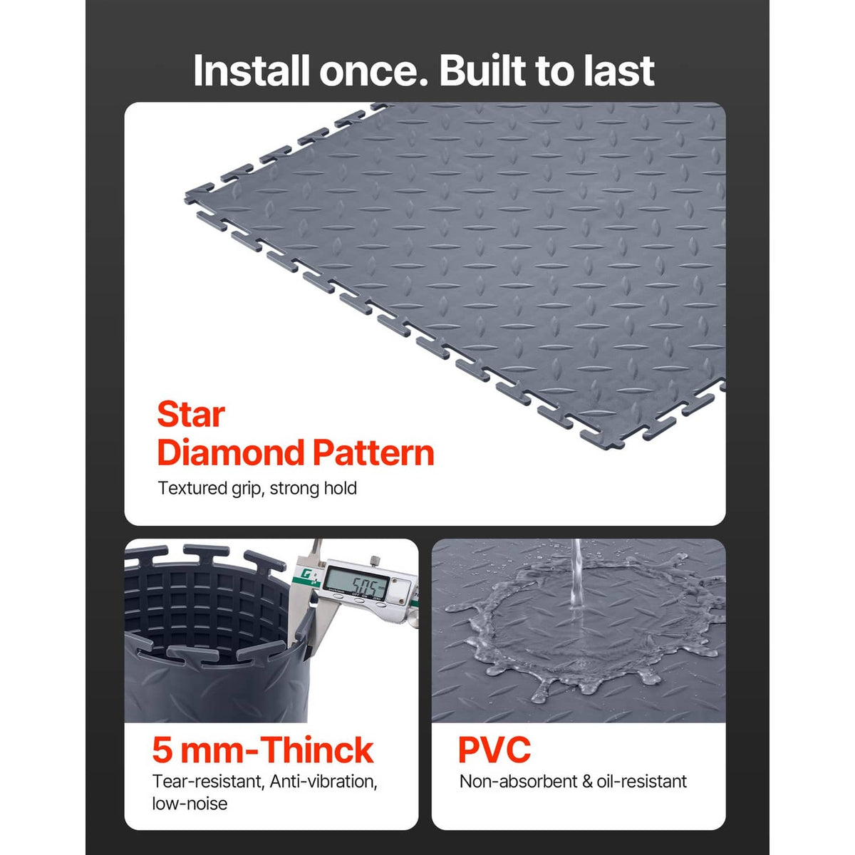 Gray PVC interlocking tiles with star diamond grip pattern, 5 mm thickness