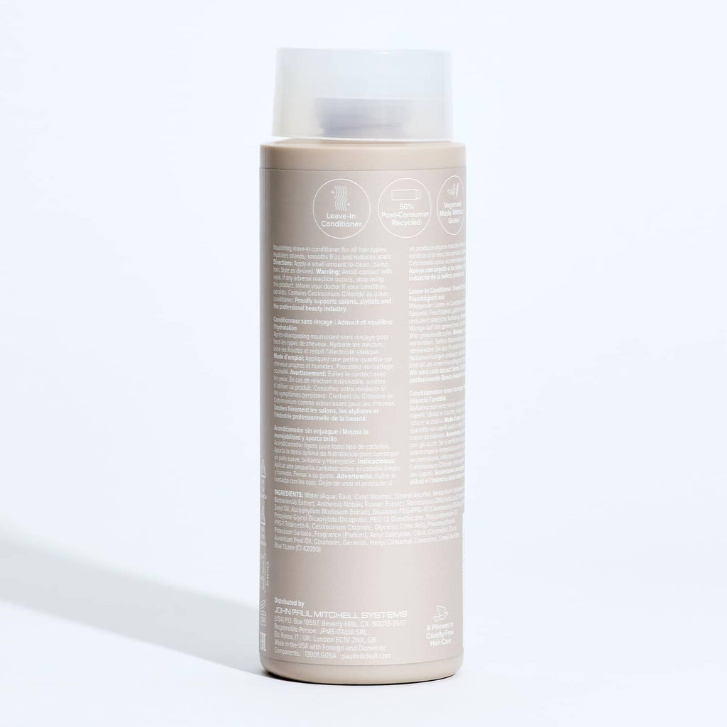 Paul Mitchell conditioner bottle back view, beige label with printed details