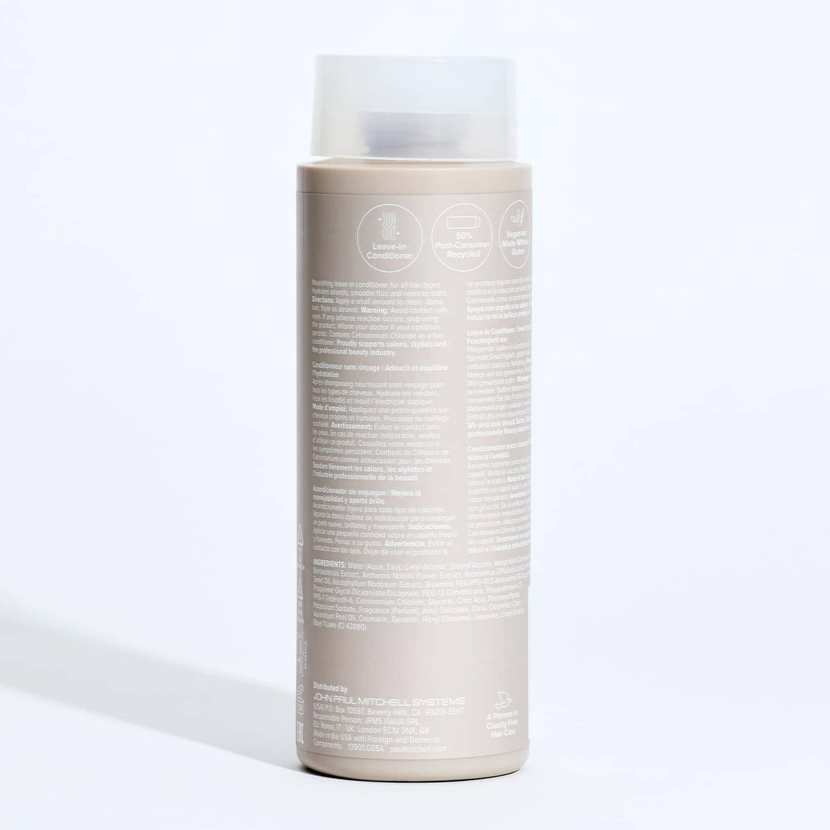 Paul Mitchell conditioner bottle back view, beige label with printed details