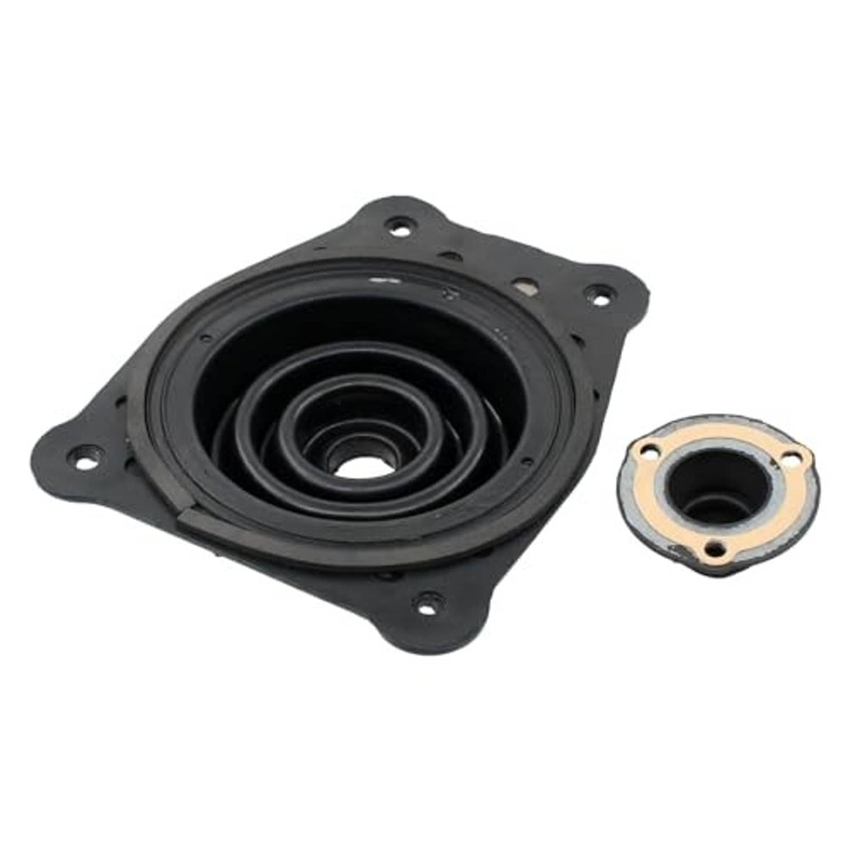Black rubber shift boot insulator with central bushing and metal flange ring