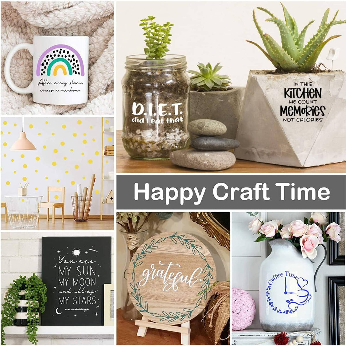 Assorted vinyl craft decals with colorful designs and DIY project text
