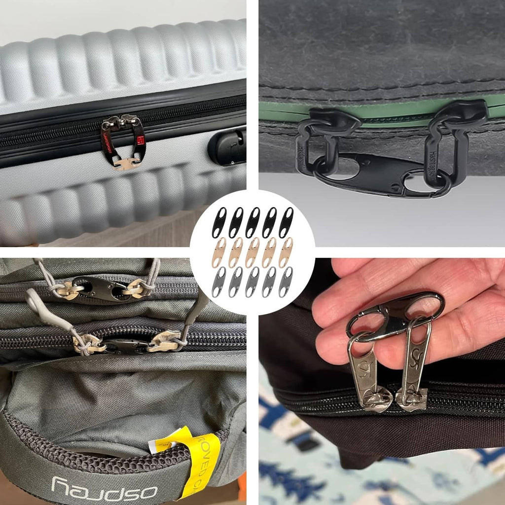 Anti-theft zipper clips on luggage and zipper pulls, plus clips held in hand