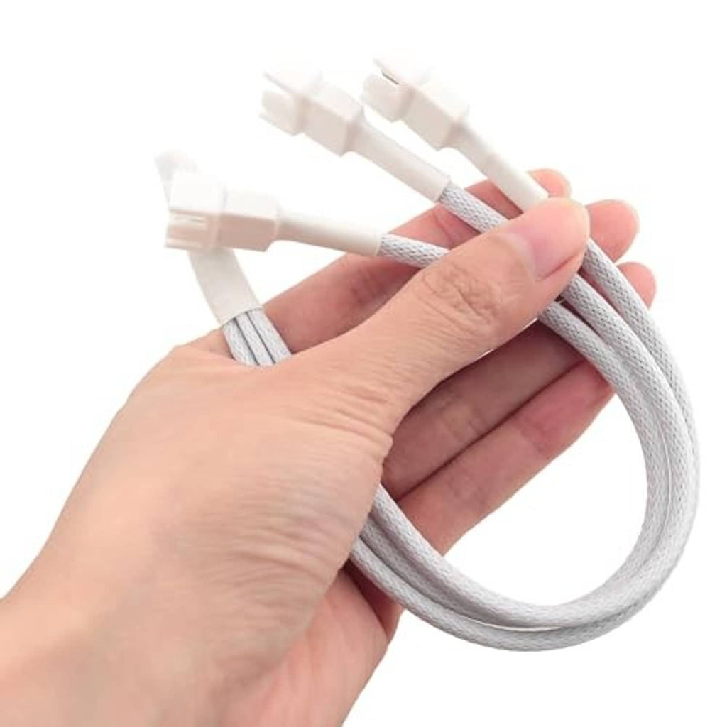 Hand holding white 4-pin PWM fan splitter cable bundle with one-to-three connectors