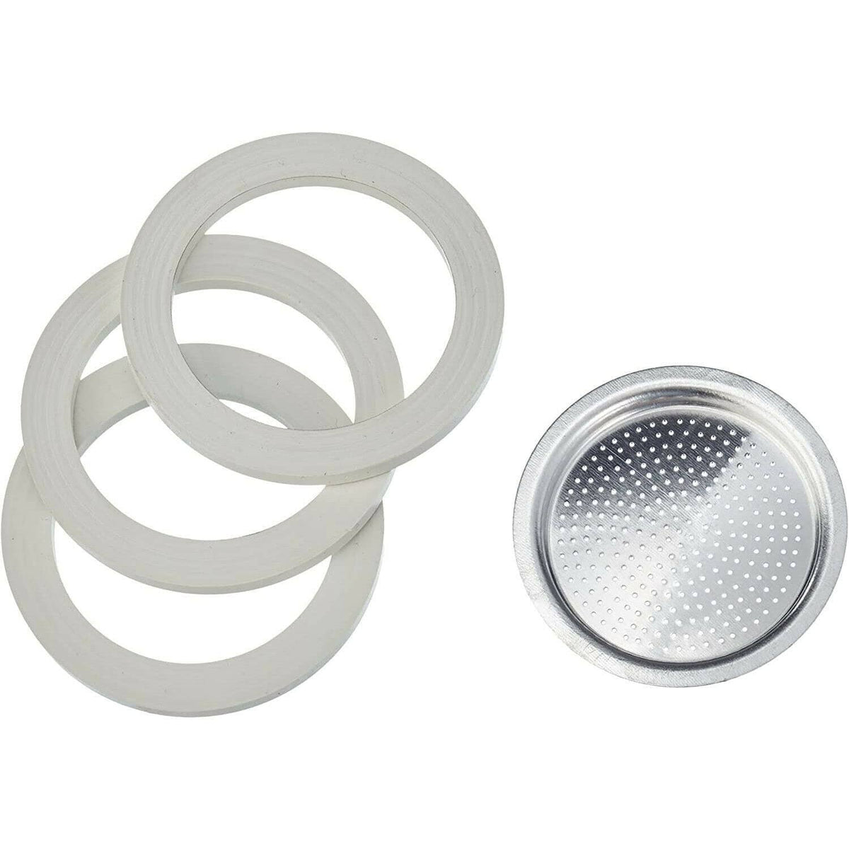 White gasket rings and silver perforated filter plate, replacement set