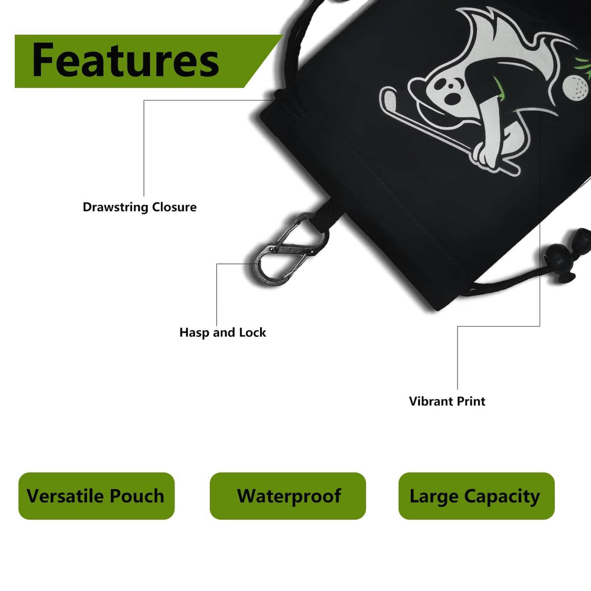 Black drawstring pouch detail with white golfer print, metal clip and drawstring pull cords.
