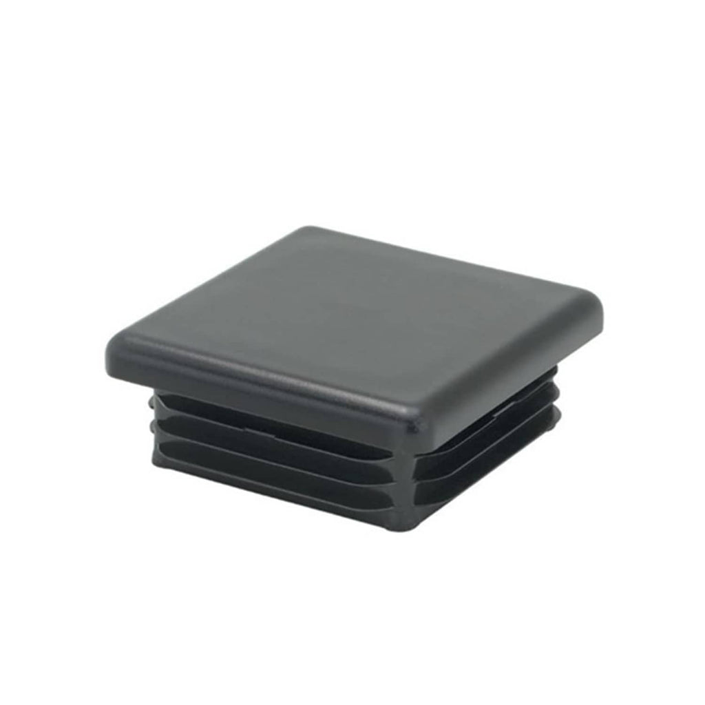 Square plastic tubing end cap, dark, threaded insert, stacked side ridges
