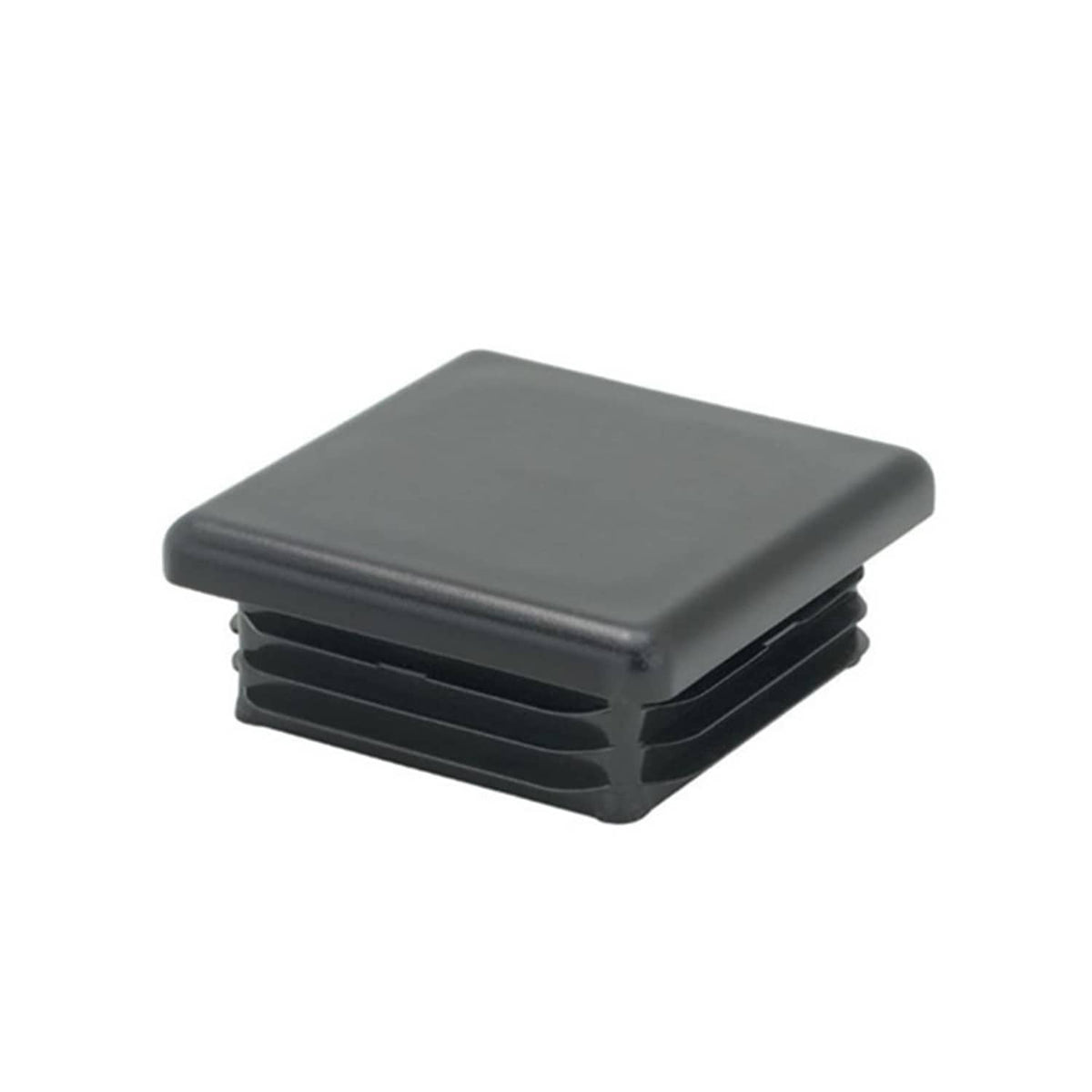 Square plastic tubing end cap, dark, threaded insert, stacked side ridges