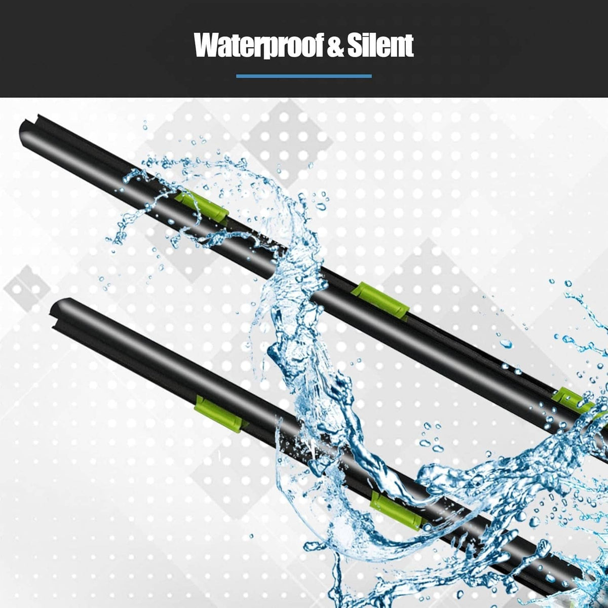 Black weather strip window moulding trim with green clips, water-splash detail