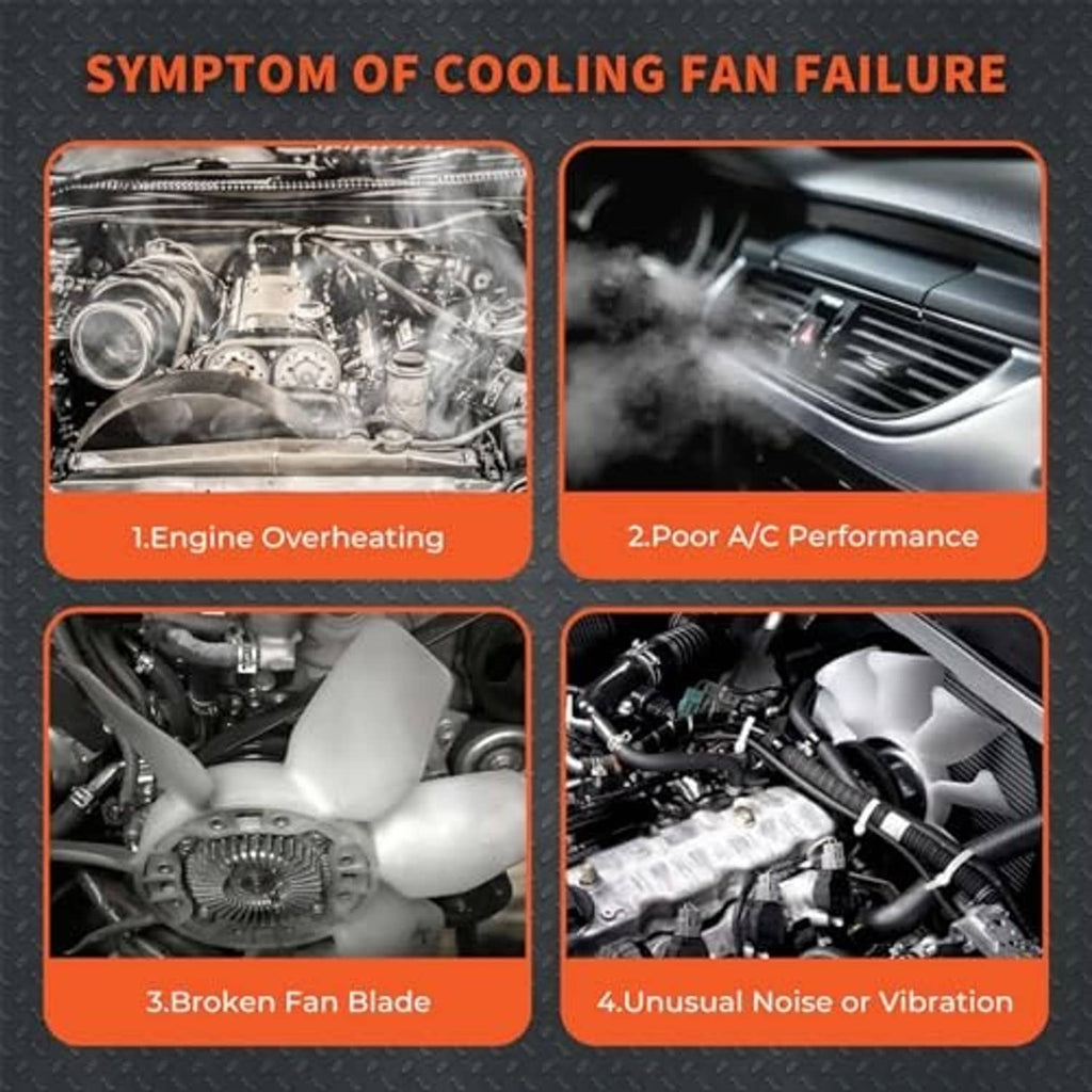 Cooling fan failure symptom panel showing engine bay and fan components