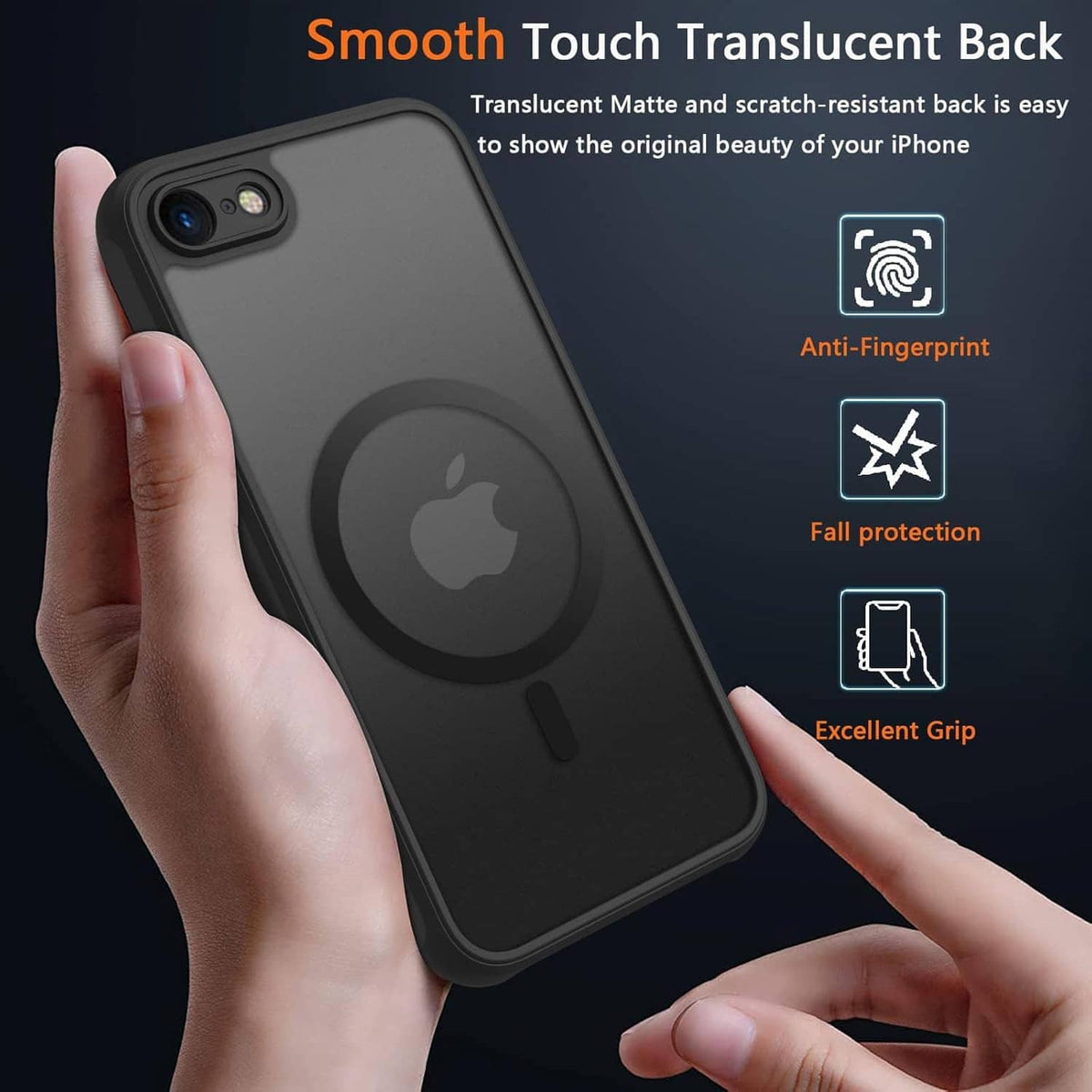 Dark translucent matte iPhone case with smooth grip feel and MagSafe ring