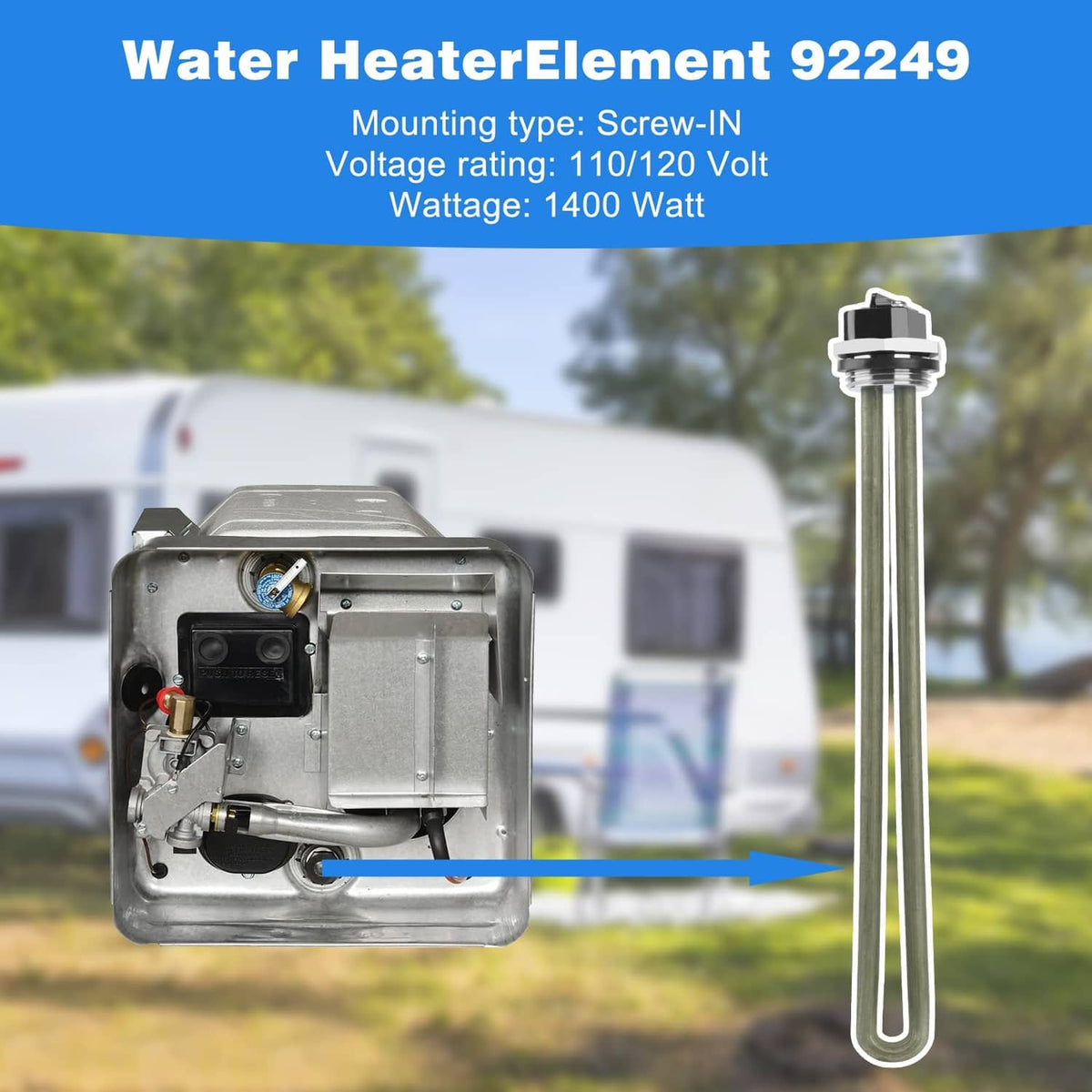 RV water heater replacement heating element, long rods with screw-in mounting cap