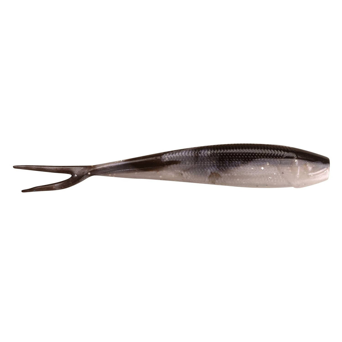 Soft fishing minnow lure with forked tail, speckled dark back and clear underside
