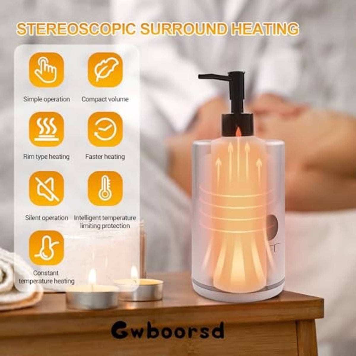 Silver oil warmer with transparent reservoir showing warm heat effect and pump