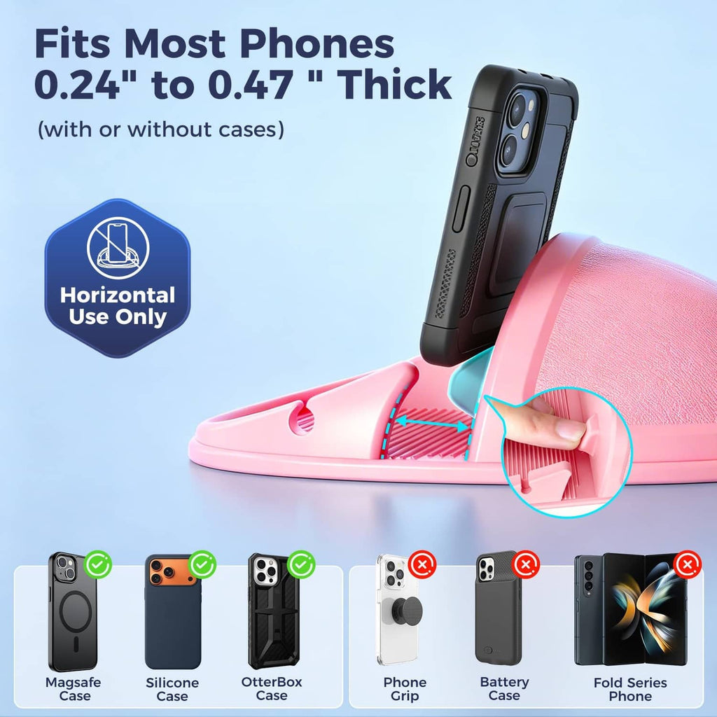 Pink dashboard phone stand with cradle sized for most phones, horizontal placement