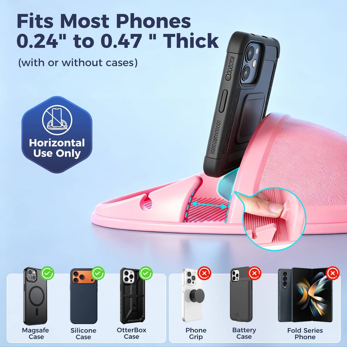 Pink dashboard phone stand with cradle sized for most phones, horizontal placement