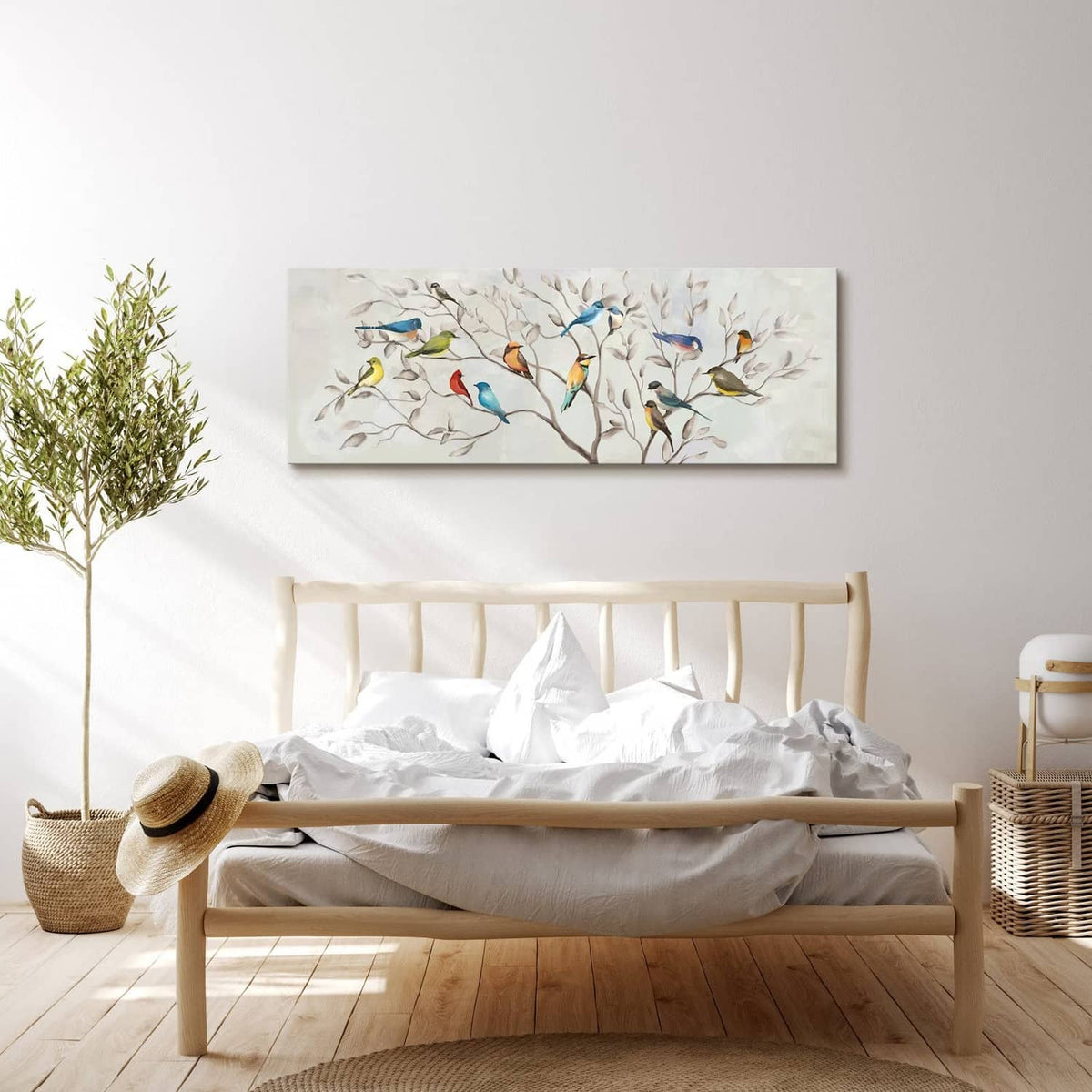 Rectangular canvas wall art with birds on tree branches above bed, stretched print