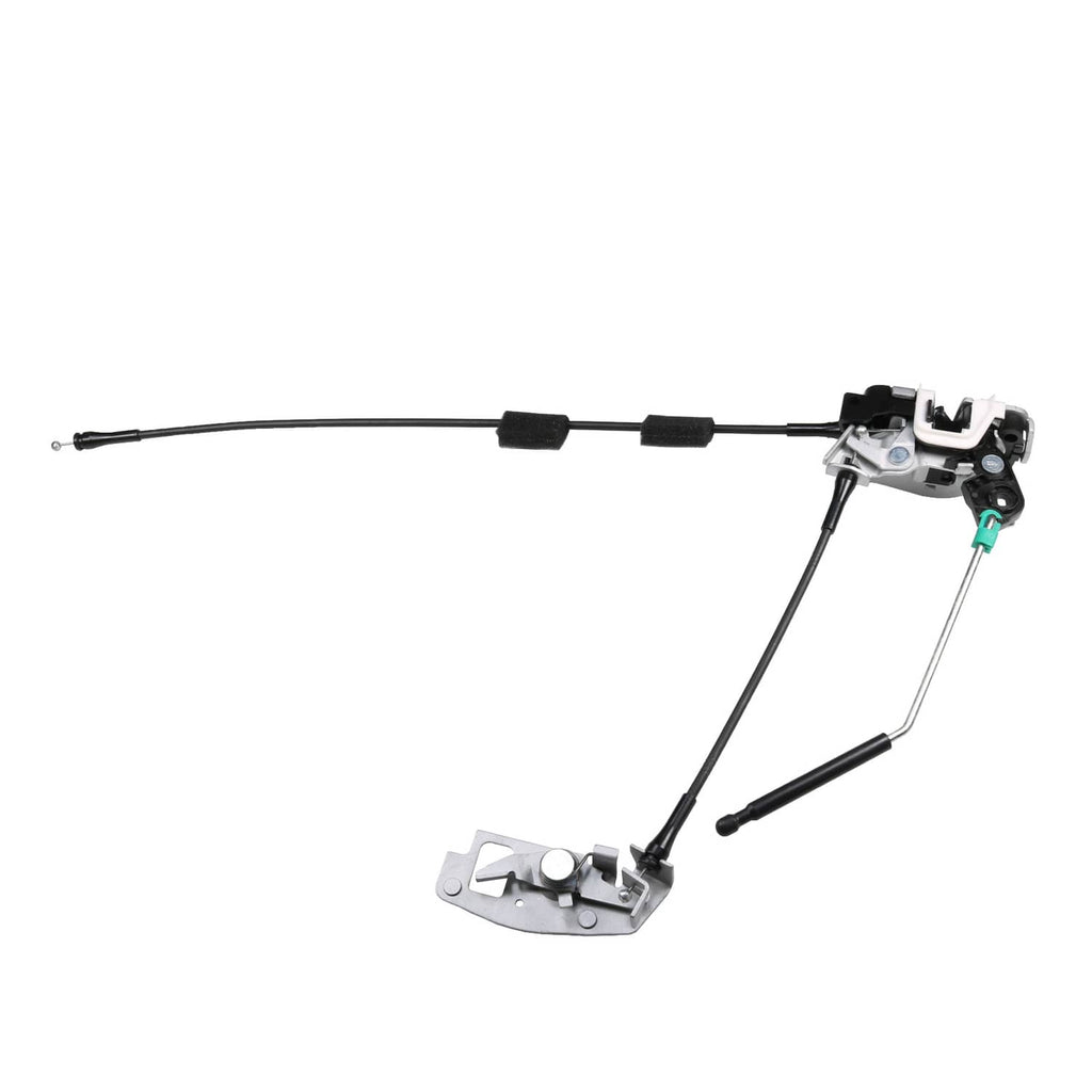 Rear cargo door latch assembly with latch housing, cables, and mounting base, right side
