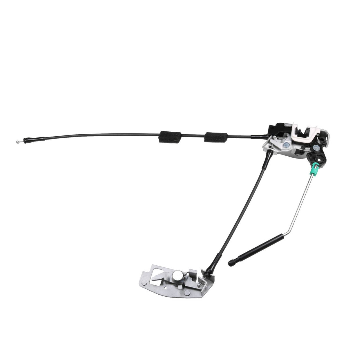 Rear cargo door latch assembly with latch housing, cables, and mounting base, right side