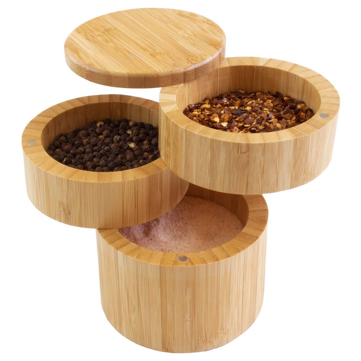 Bamboo triple salt cellar with three circular compartments and swivel top lid