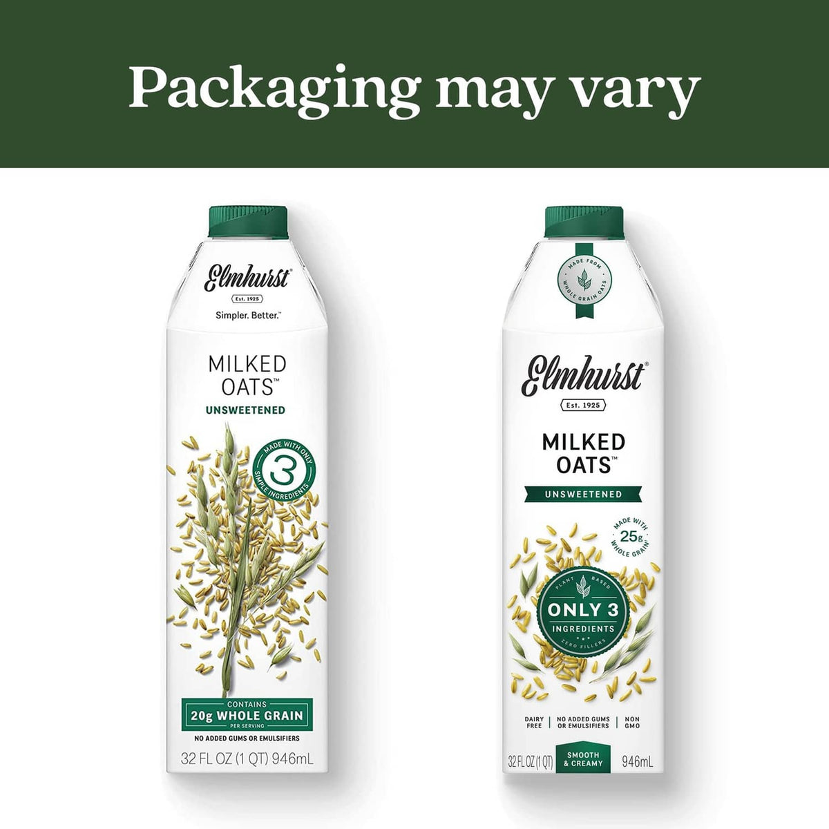 Two Elmhurst Milked Oats unsweetened carton views side by side with oat graphics.