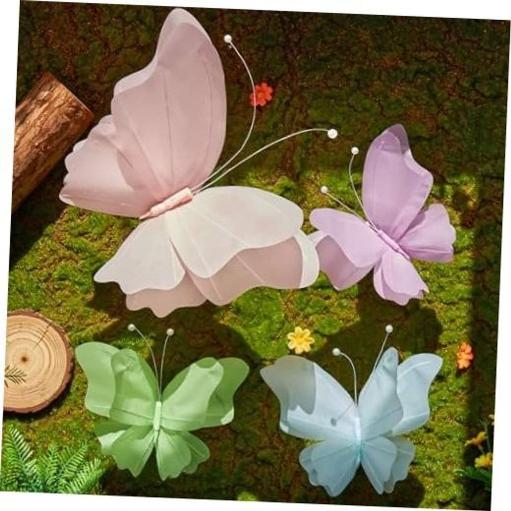 3D butterfly wall decor set with pink, lavender, green, and light blue butterflies on wires