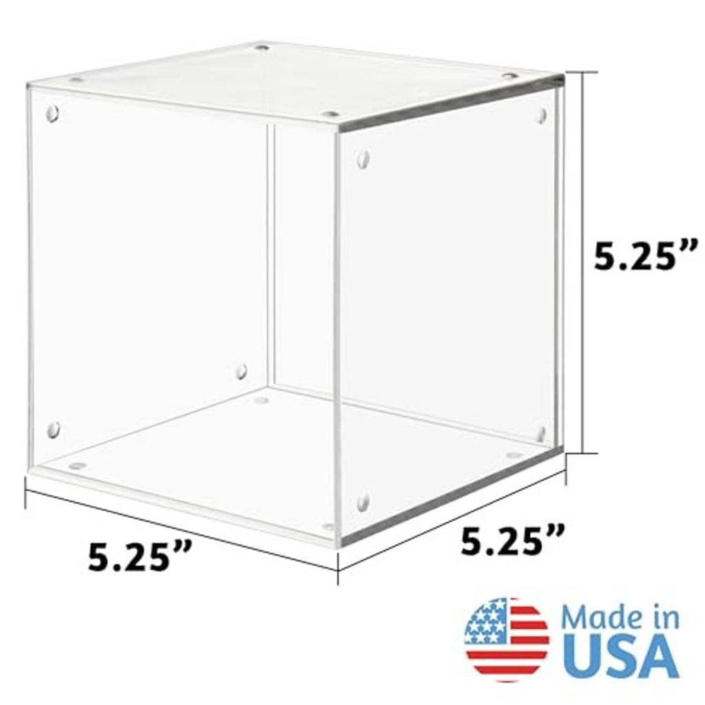 Clear plastic cube CD organizer, 5.25 in square, Made in USA stamp.