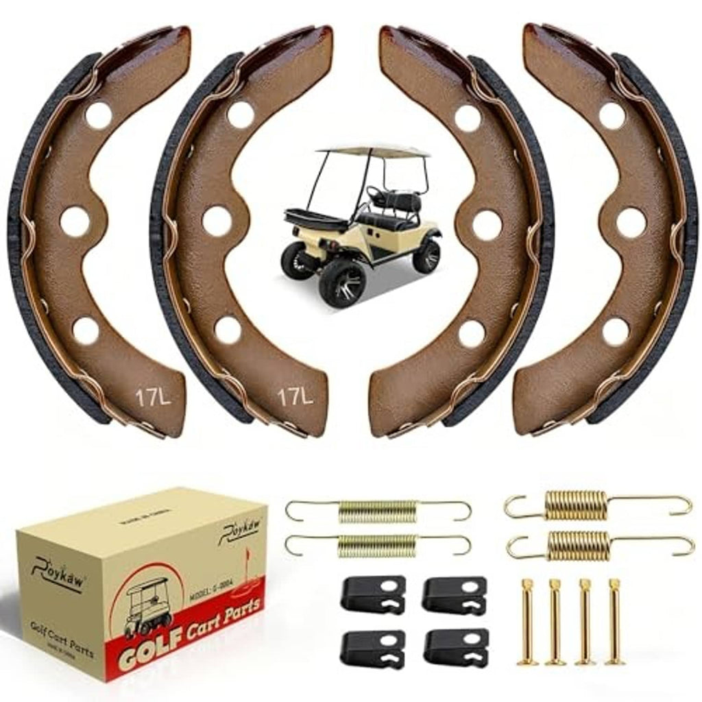Golf cart brake shoes and springs kit showing four brown brake shoes, springs, and pins