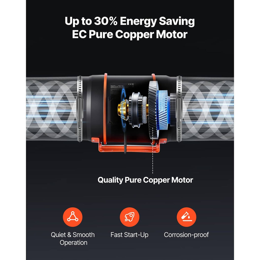 EC inline duct fan motor section illustration with energy-saving airflow arrows