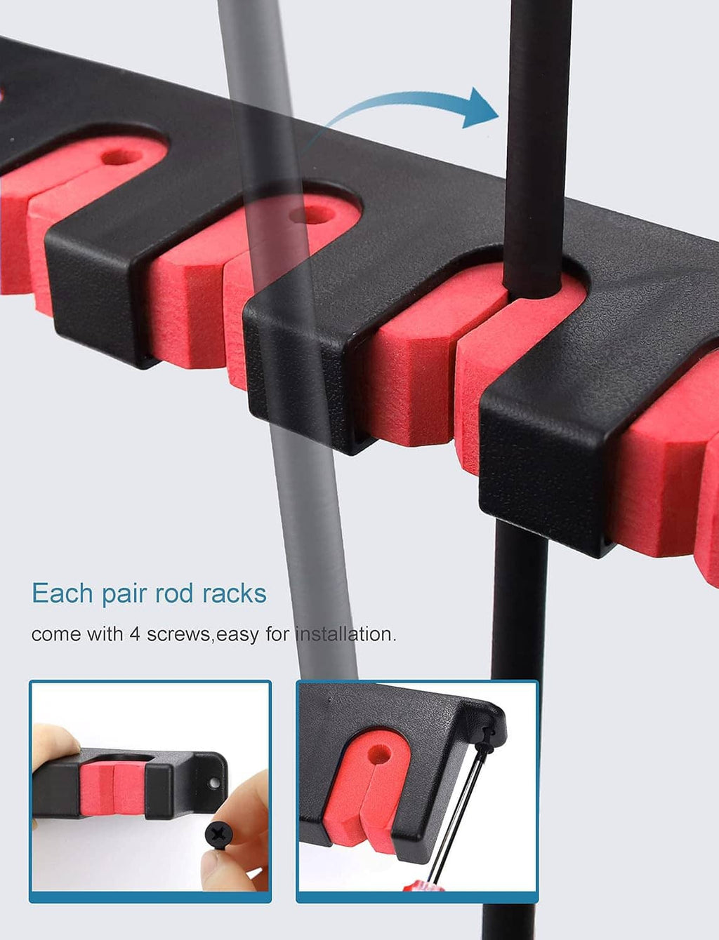 Wall-mounted fishing rod rack holder with red foam grips and black mounting bracket