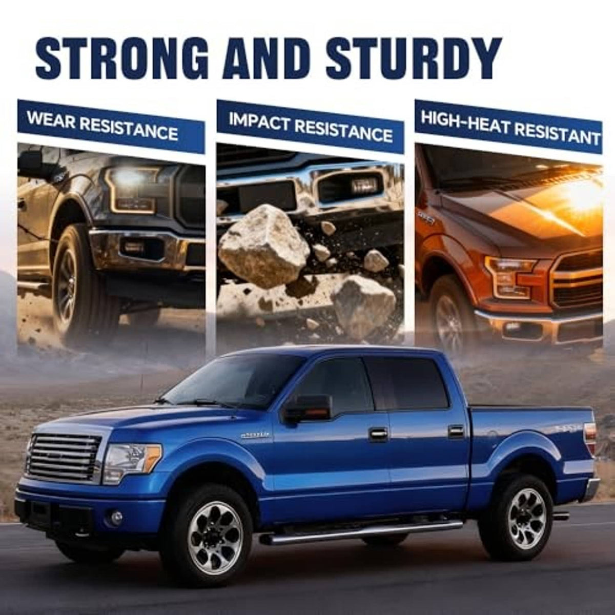 Front bumper guard pads shown on a blue pickup truck front corner