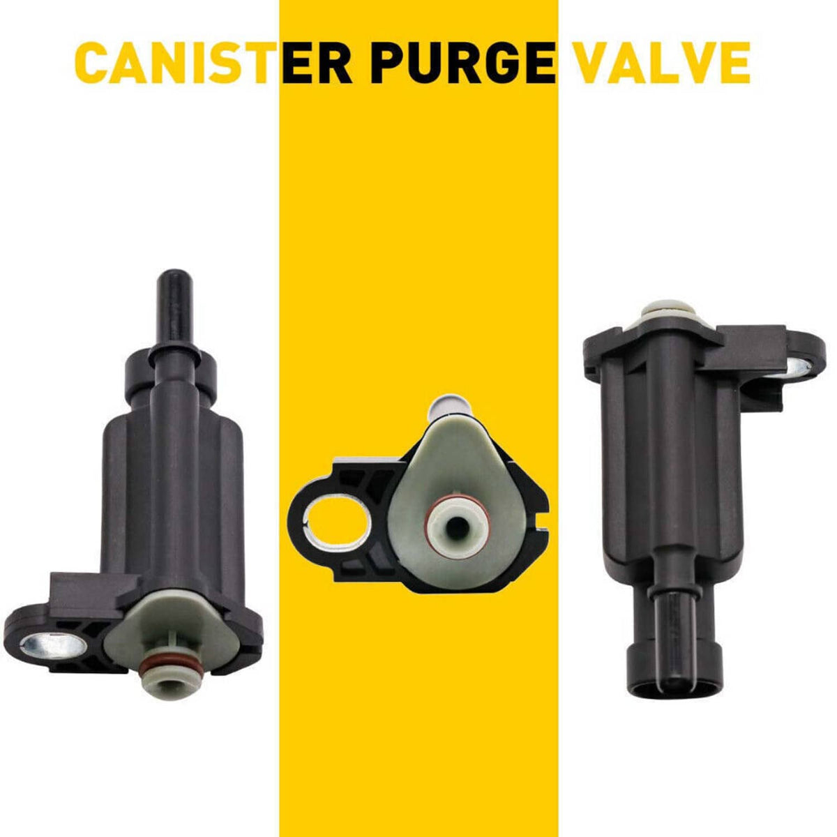 Black canister purge valve with gray actuator base and side mounting ear