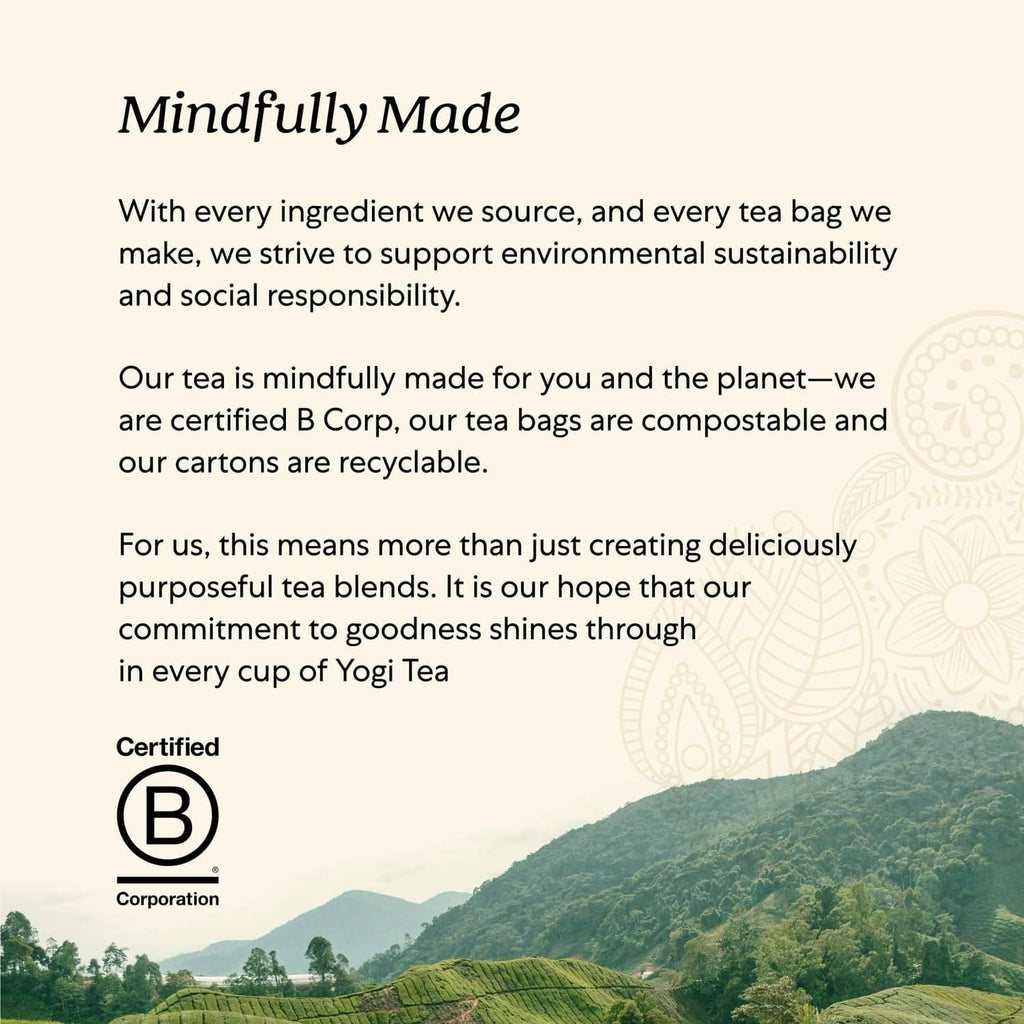 Yogi green tea decaf box 'Mindfully Made' sustainability information